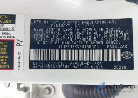 2015 Toyota Camry Se из США, поврежденный, VIN 4T1BF1FKXFU499070